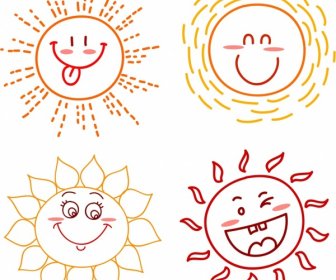Emoticon Collection Sun Icons Cute Handdrawn Outline