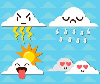 Emoticon Sets Various Stylized White Clouds Icons