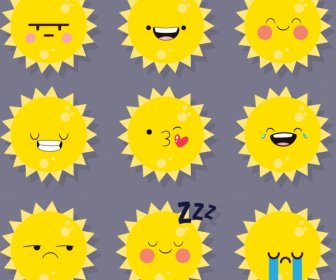 黄色のデザインに直面して感情的なアイコン コレクション太陽