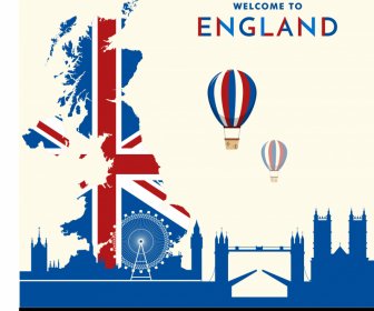 Inglaterra Banner Publicitario Monumentos Famosos Boceto Silueta Plana Diseño