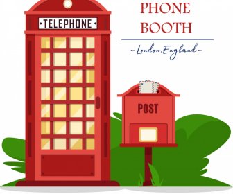 England Design Elements Flat Red Telephone Booth Postbox Sketch