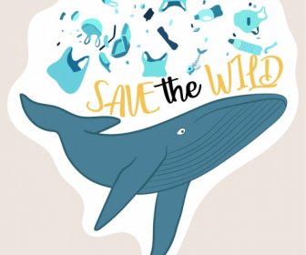 環境保護橫幅鯨魚垃圾素描。