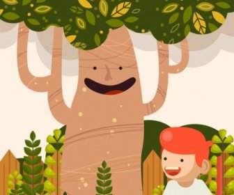 Umgebung Hintergrund Kind Pflanzt Bäume Symbole Stilisierte Karikatur