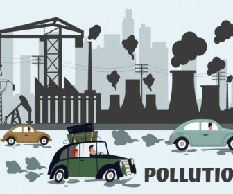 Environment Banner Pollution Car Plant Icons Cartoon Design