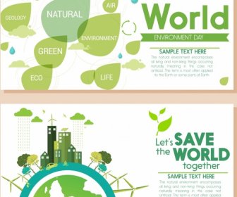 Umwelt Banner Grünes Blatt Globus Gebäude Ikonen Dekor