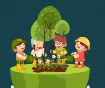 環境の日バナー、木を植える子供たち、地球儀のアイコン