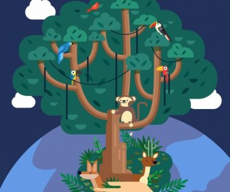 Proteção Do Meio Ambiente Banner Mão árvore Animais ícones Decoração