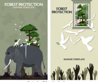 Bannières De Protection De L'environnement Endommagés Symboles De La Nature Croquis