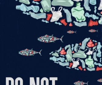 Lingkungan Banner Sampah Plastik Ikan Ikon Dekorasi