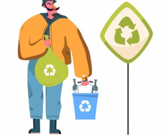 環保旗幟人回收垃圾素描。