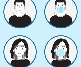 Iconos De Prevención De Epidemias Enmascarando A La Gente Esbozar Personajes De Dibujos Animados