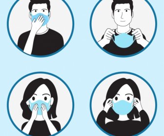 ícones De Proteção Epidêmica Enfrentam Mascarar Pessoa Esboço