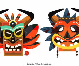 Masques Ethniques Icônes Colorées Classiques Effrayés Visages Symétriques