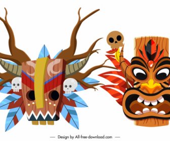 Ethnic Masks Icons Frightened Death Decor Colorful Design