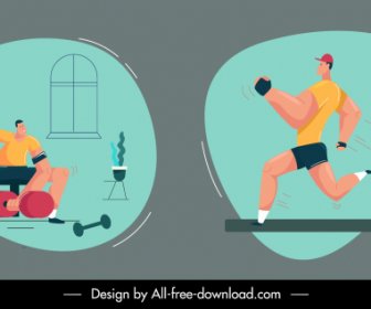 Exercise Icons Jogging Gymnasium Sport Sketch Cartoon Design