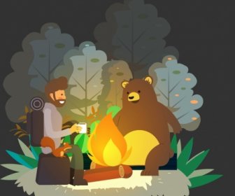 Exploration Background Man Stylized Bear Fire Icons