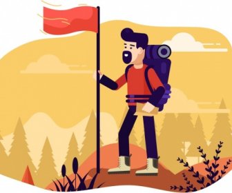 Exploration Background Mountaineering Theme Flag Man Icons