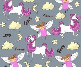 Fairy Background Cute Girl Horse Icons Repeating Design