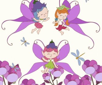 Feenhintergrund Niedliche Mädchen Blumen Ikonen Cartoon Design