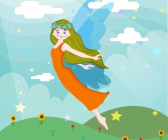 Fairy Background Cute Winged Girl Colored Cartoon Design