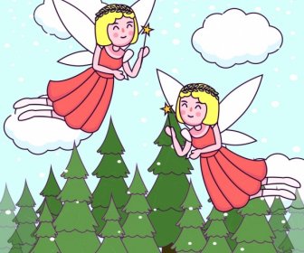 Fairy Background Flying Angel Icons Colored Cartoon Decor