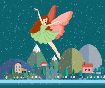 날개 달린된 소녀 아이콘 컬러 만화 비행 요정 배경