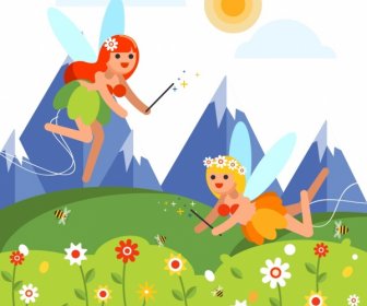 Fairy Background Joyful Girls Icons Colored Cartoon Design