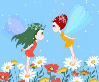 Feenhintergrund Geflügelte Mädchen Blumen Ikonen Karikatur Design