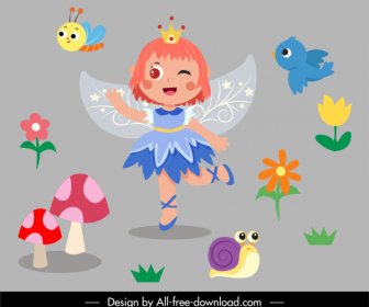 Fairy Decor Elements Winged Girl Flowers Animals Sketch