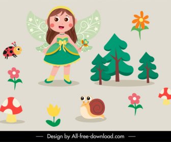 Fairy Design Elements Winged Girl Nature Creatures Sketch