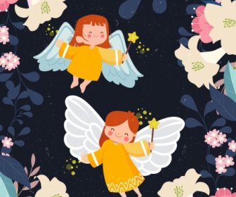 Fairy Drawing Cute Winged Angles Flowers Decoration