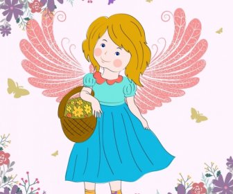 妖精の翼のある少女花装飾色漫画を描く