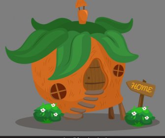 Fairy House Template Pumpkin Shape Retro Handdrawn Sketch