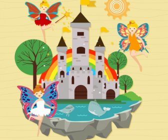 Fairy Land Hintergrund Engel Burgen Symbole Farbige Cartoon