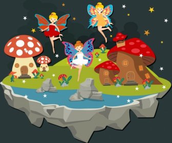 Fairy Land Drawing Winged Angels Mushroom House Icons