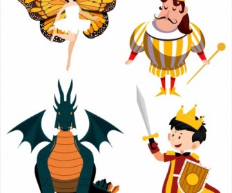 Personagens De Conto De Fadas ícones Dragão Cavaleiro Rei Esboço