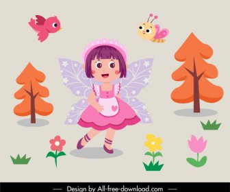 Fairy Tale Decor Elements Winged Girl Nature Sketch