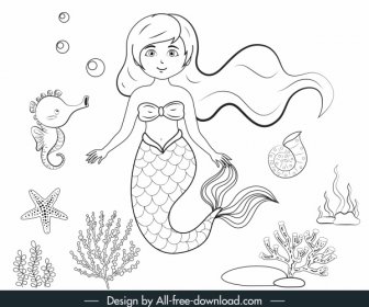 Fairy Tale Mermaid Painting Black White Handdrawn Cartoon