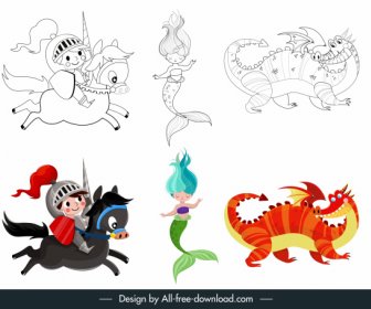 Contos De Fadas ícones Sereia Cavaleiro Dragão Desenho Animado