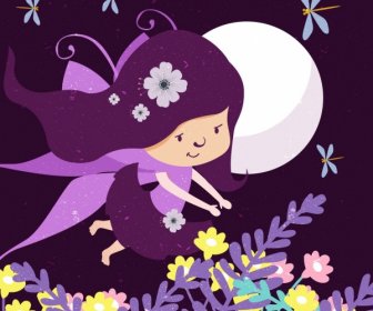 Fairytale Drawing Flying Girl Moonlight Flowers Decoration