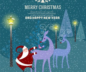 Falling Snow Background Christmas Card With Santa Reindeers
