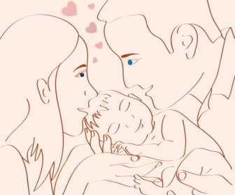 Family Background Parent Kid Icons Handdrawn Sketch