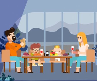 家族の背景両親子供夕食アイコン漫画のデザイン