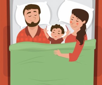 Family Background Parents Son Bed Icons Decor