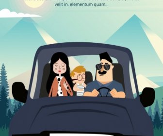 Banner Keluarga Mobil Perjalanan Ayah Ibu Anak Ikon