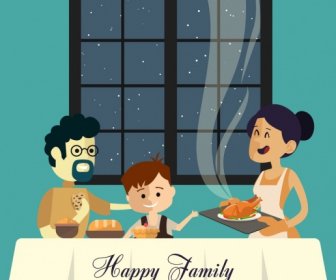 家族との夕食バナー両親子供漫画のアイコンが設計