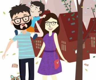 Семья, Рисунок цветными милый мультфильм дизайн