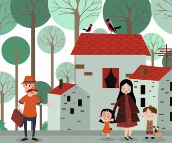 Family Drawing Houses Human Icons Colored Cartoon Decor