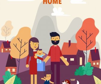 Family Drawing Parents Children Home Icons Cartoon Decor
