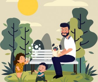 Familie Verspielt Kinder Vater Park Symbole Zeichnen